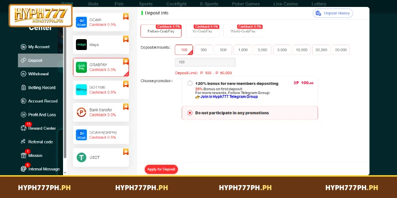 Utilizing GRABPAY Routes for a Faster HYPH777 Deposit